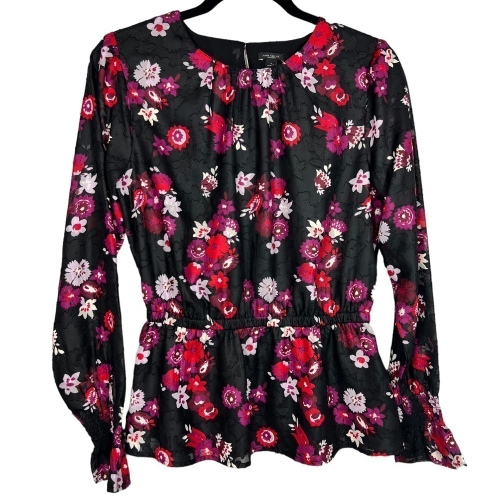 Ann‎ Taylor Floral Peplum Blouse Smocked Cuffs Sheer Burnout Sleeves Size Small